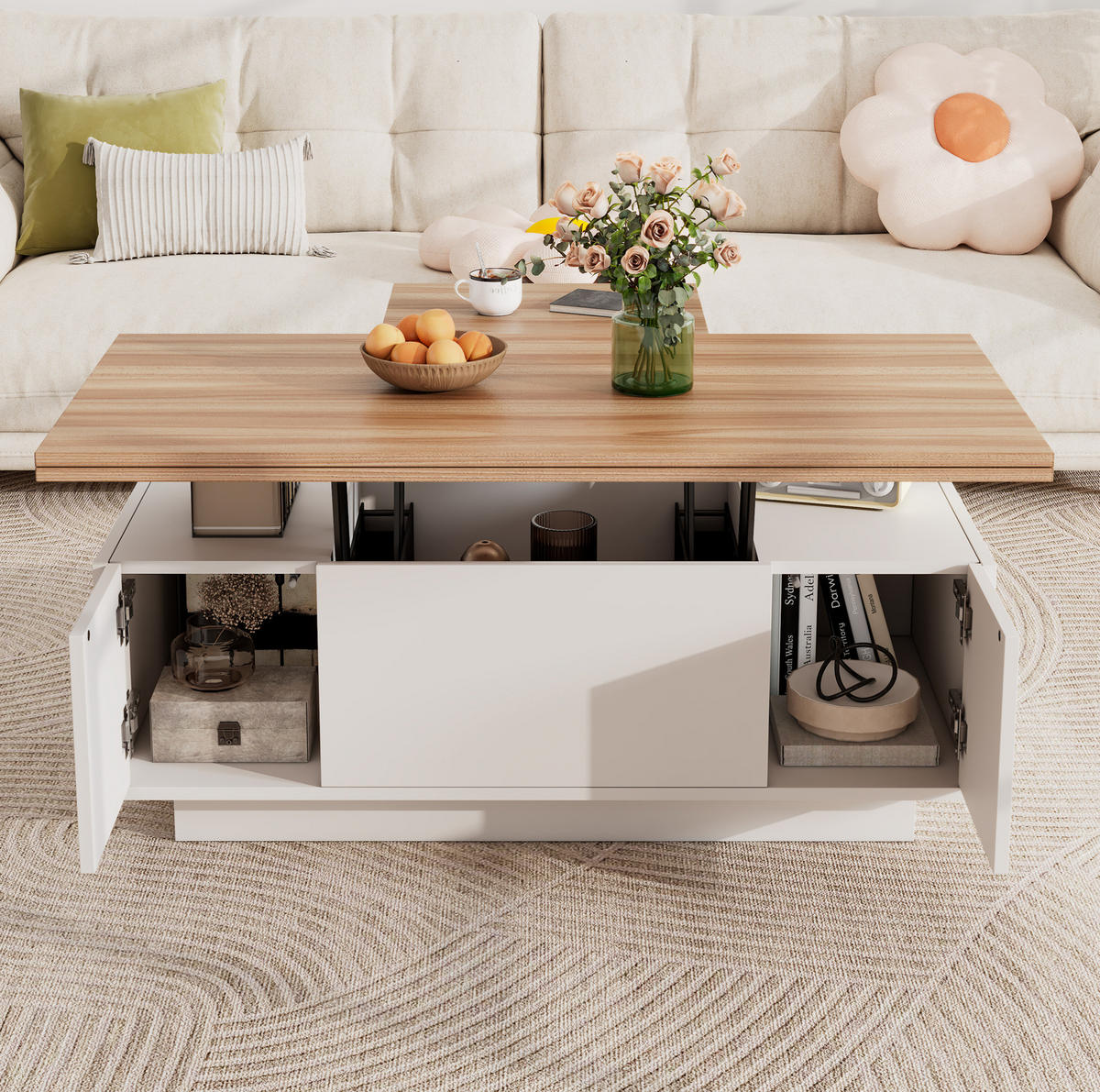 COUCHTISCH aus Spanplatte 100x50x55,5 cm in Weiß mit 2 Hebeplatten - Weiß, Holzwerkstoff (100/50/55.5cm) - Modfu