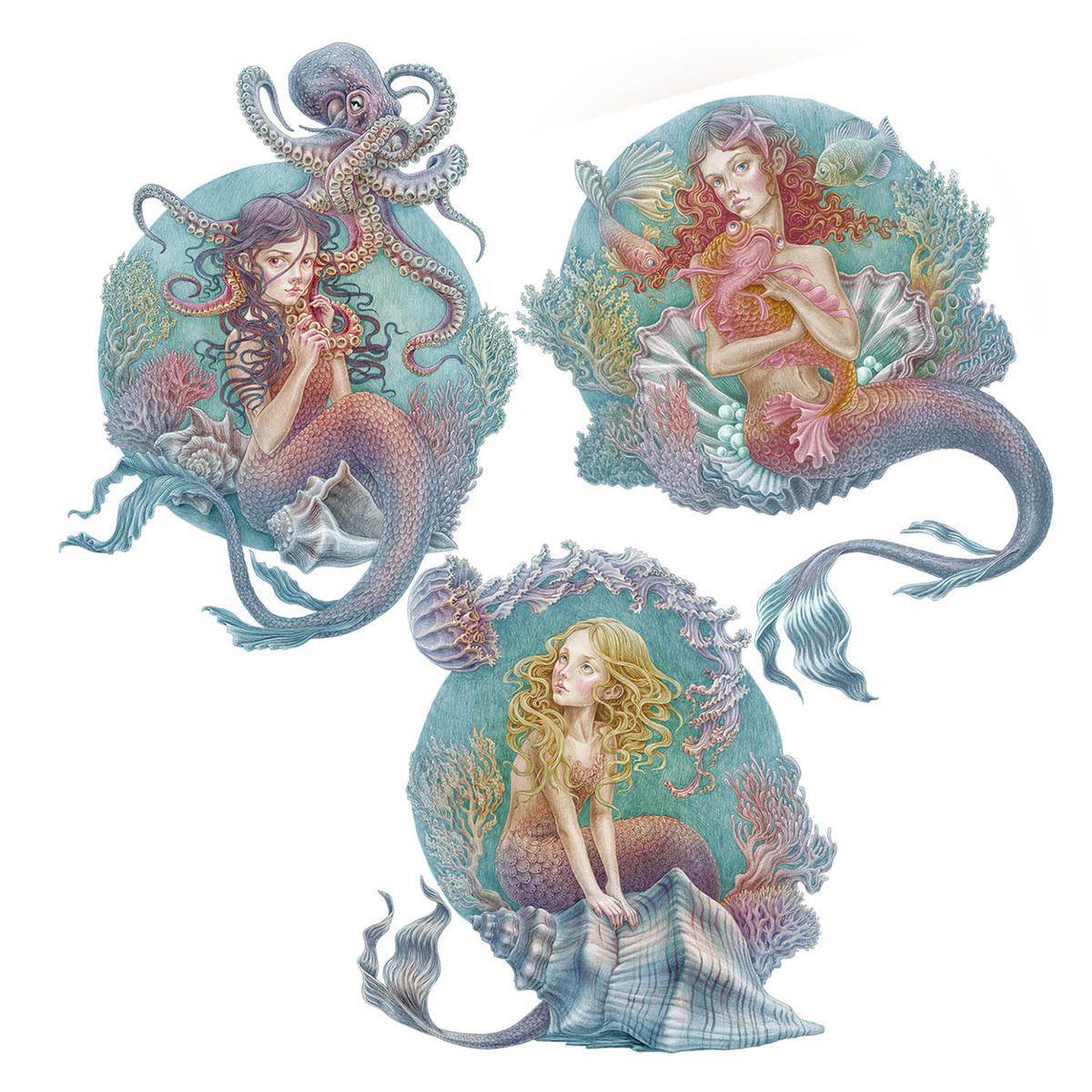 WANDAUFKLEBER 100x128cm - Die kleinen Meerjungfrauen - Multicolor, Kunststoff (100/128/0.1cm) - Wallfluent