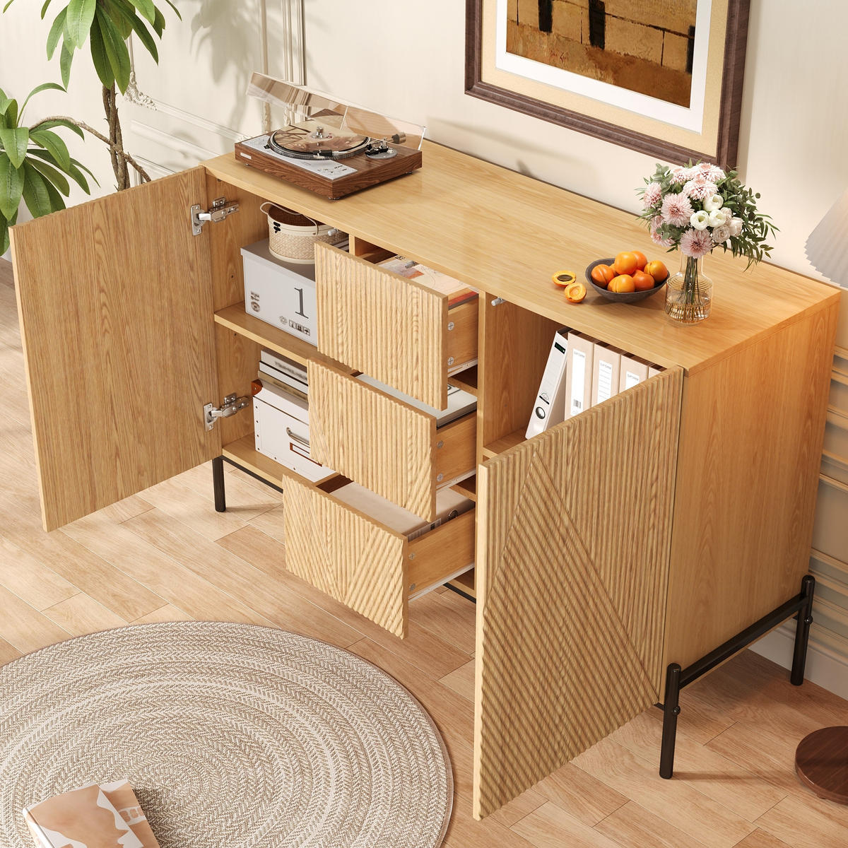 SIDEBOARD in Naturfarben Kommode mit geometrischer Struktur, Doppeltüren und Schublade für Esszimmer, B115.5/T40/H76cm - Schwarz/Naturfarben, Holzwerkstoff/Metall (115.5/76/40cm) - STILVORA