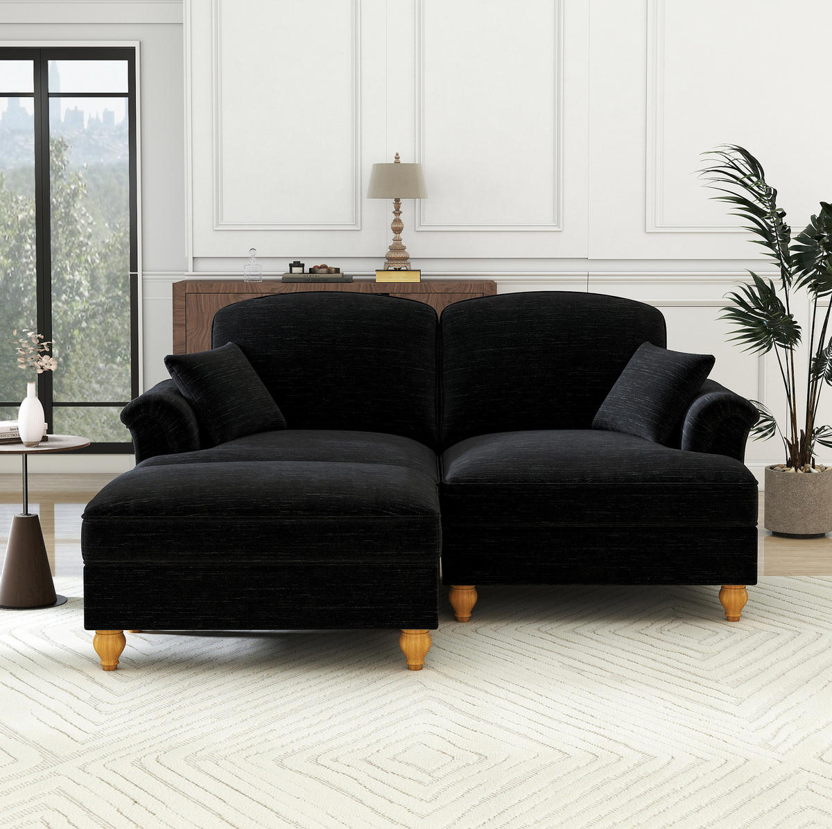 ECKSOFA 194/140/93 cm schwarz aus Chenille mit abnehmbarem Rüschenrock und beweglichem Hocker - Schwarz, Textil (140/194cm) - OKWISH