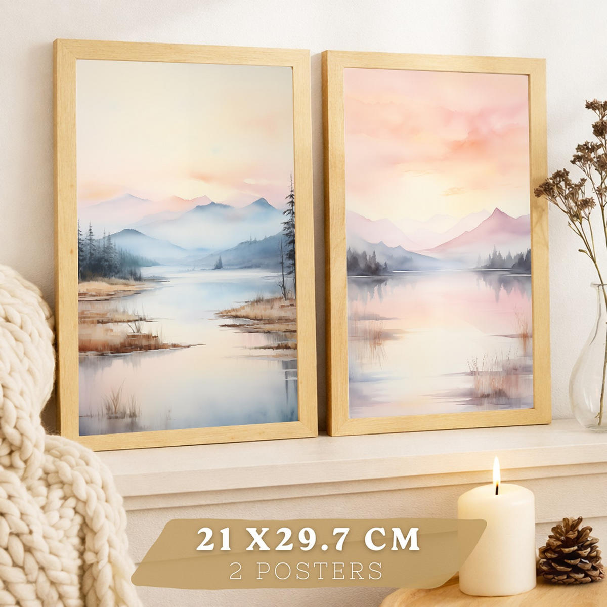 PLAKAT Sada 2 Východ slunce A3 Lehký dřevěný rám - béžová, papír (29.7/1/42cm) - Nacnic