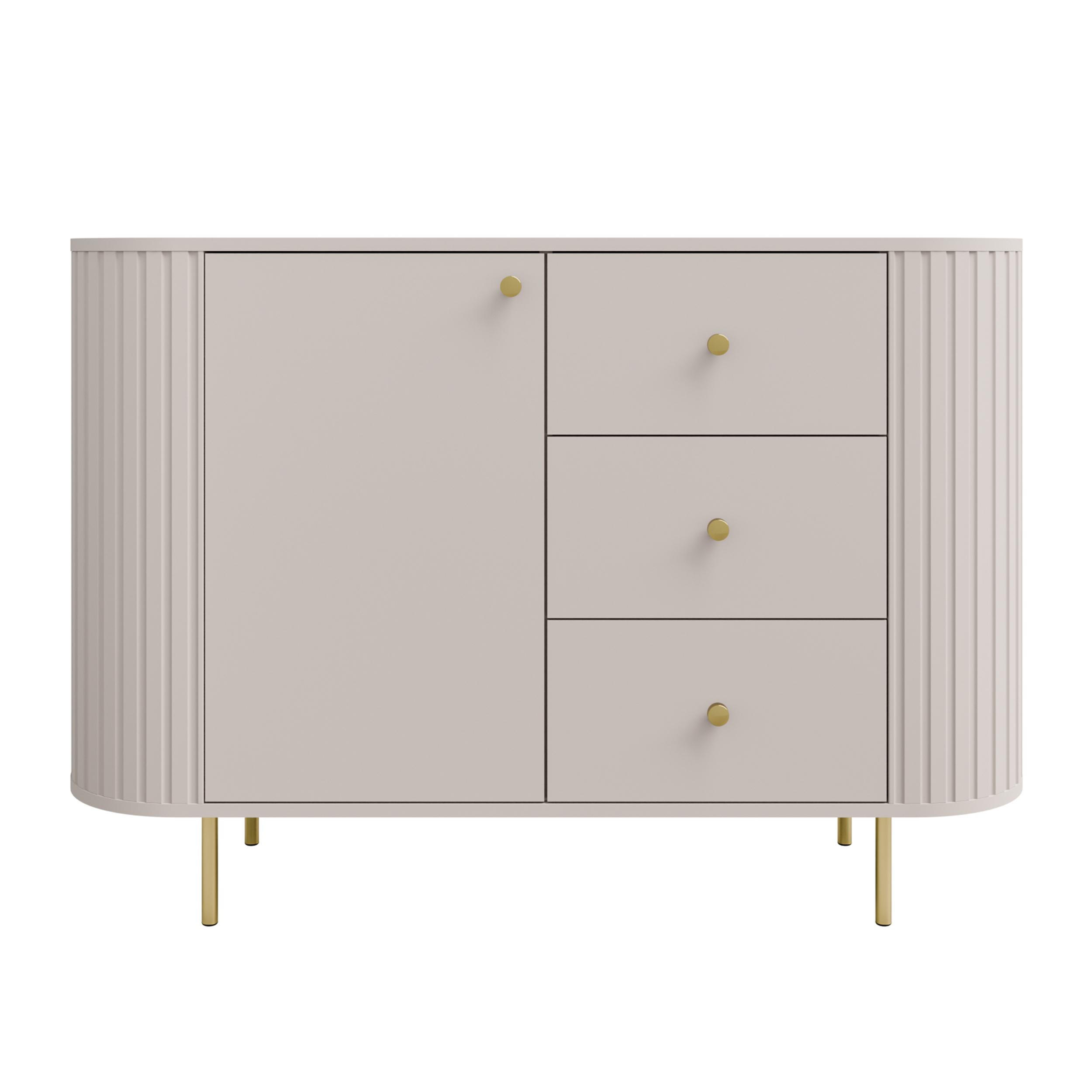 SIDEBOARD Halay Beige, 1 Tür & 3 Schubladen Moderne Rillenstruktur 123 cm - Beige/Goldfarben, Holzwerkstoff/Metall (123/85.4/42.3cm) - AX Living