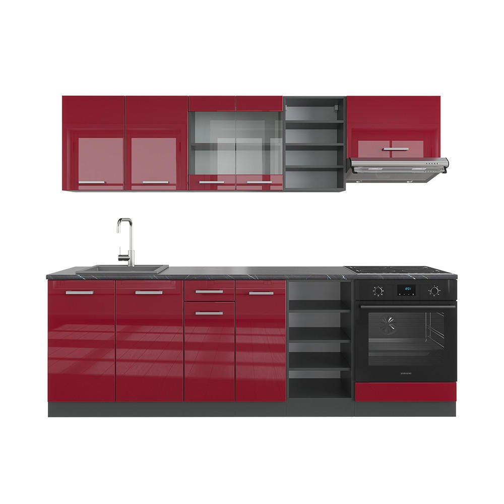 KÜCHENZEILE R-Line Rot Hochglanz/Anthrazit 240 cm ohne Arbeitsplatte - Anthrazit/Rot, Holzwerkstoff (240/81.6/46cm) - Vicco