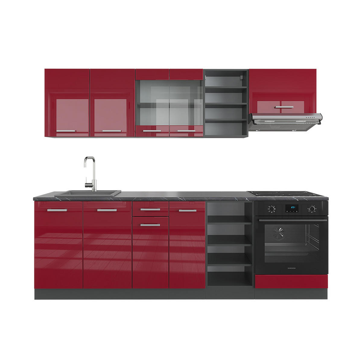 KÜCHENZEILE R-Line Anthrazit Landhaus/Weiß 240 cm, AP Anthrazit - Dunkelgrau/Anthrazit, Holzwerkstoff (240/81.6/60cm) - Vicco
