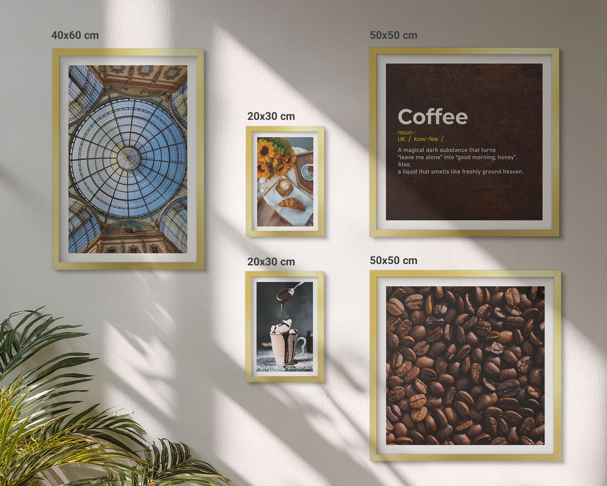 BILDER SET 5er Set - 50x50 cm & 20x30 cm & 40x60 cm Goldrahmen - Italienische Frühstückskaffeebohnen - Goldfarben, Kunststoff (40/60cm) - TULUP