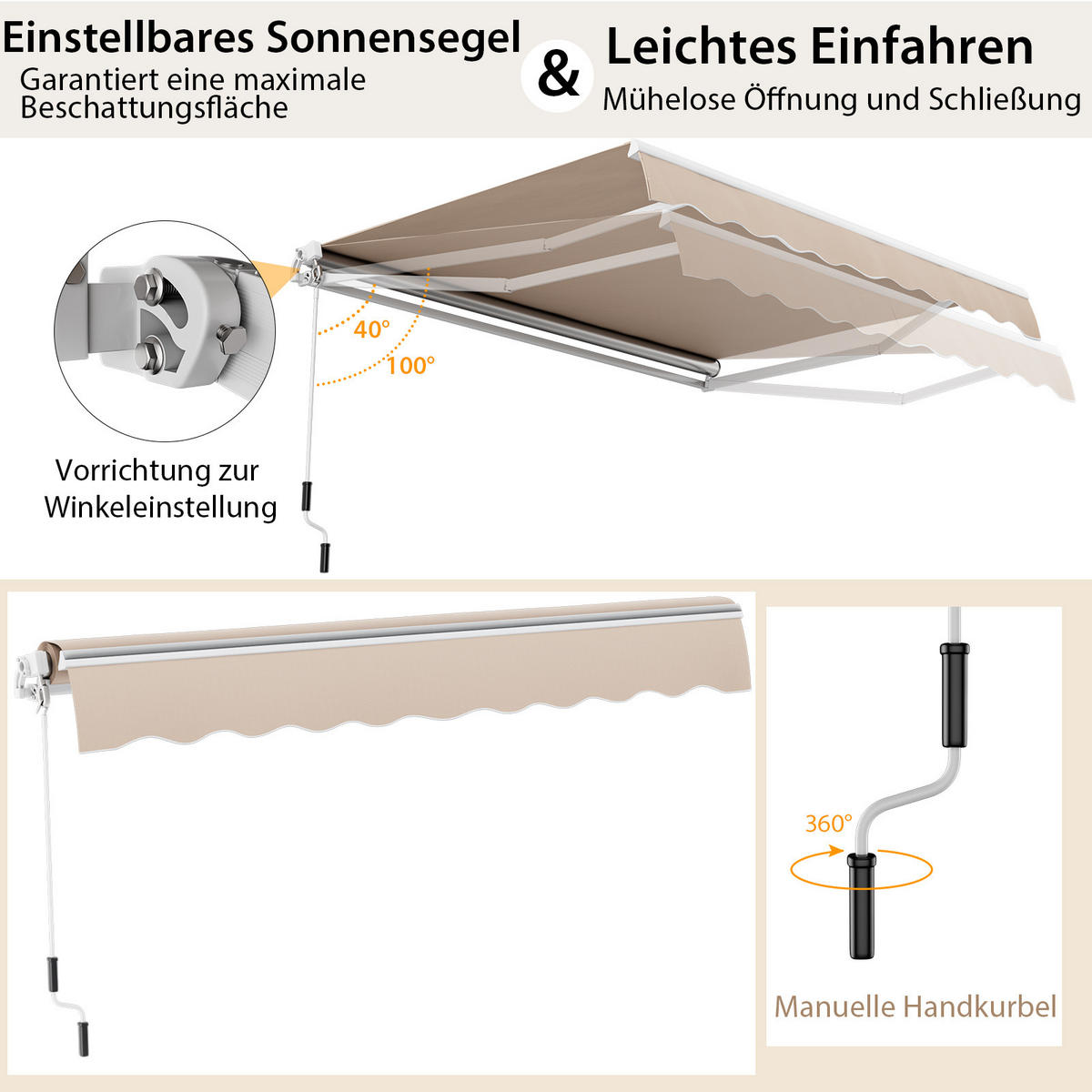 MARKISE mit kurbel Beige - Beige, Metall (250/150/300cm) - COSTWAY