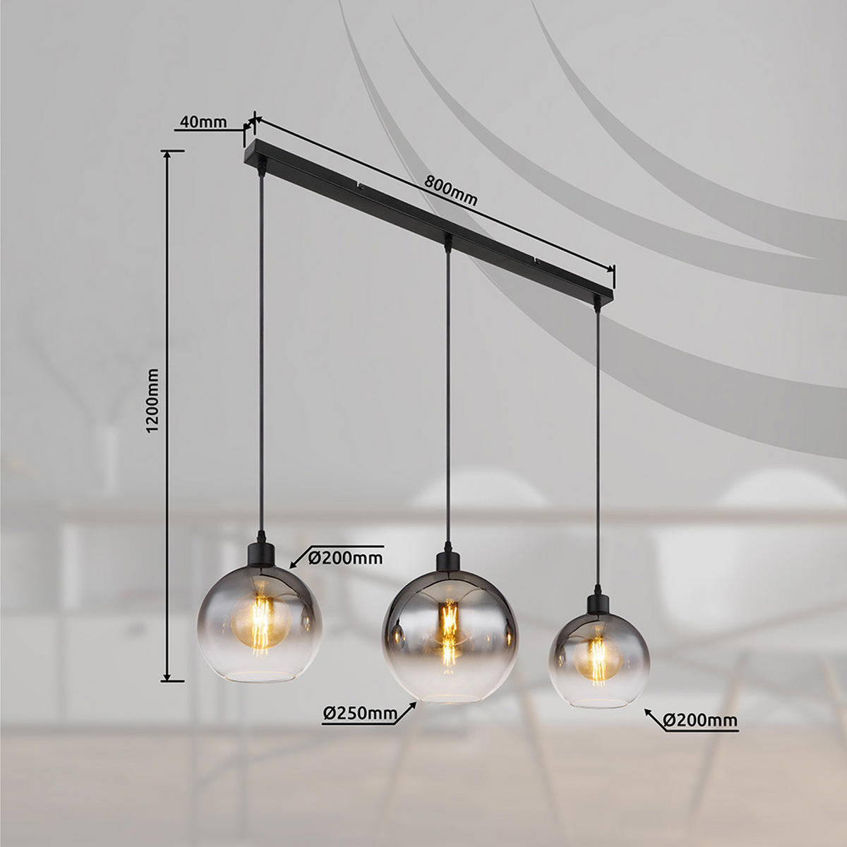 HÄNGELEUCHTE Rauchglas Grau 3-flammig - Grau, Glas (95/25/120cm) - Globo Lighting