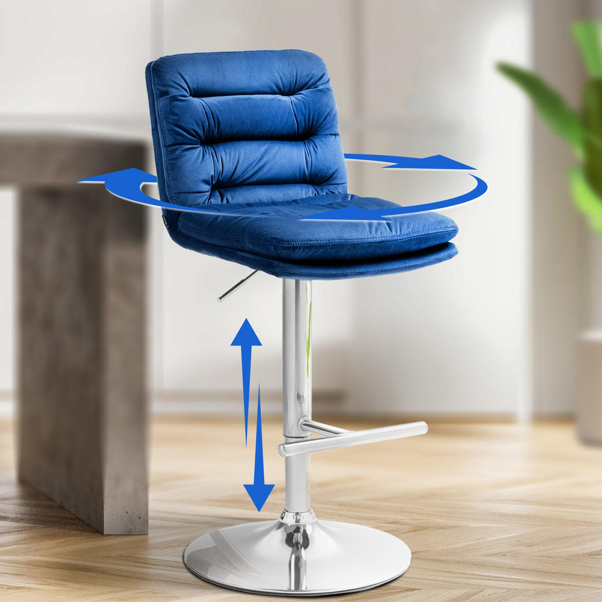 BARHOCKER Samt blau - Chromfarben/Blau, Textil/Metall (42/94/56cm) - CLP