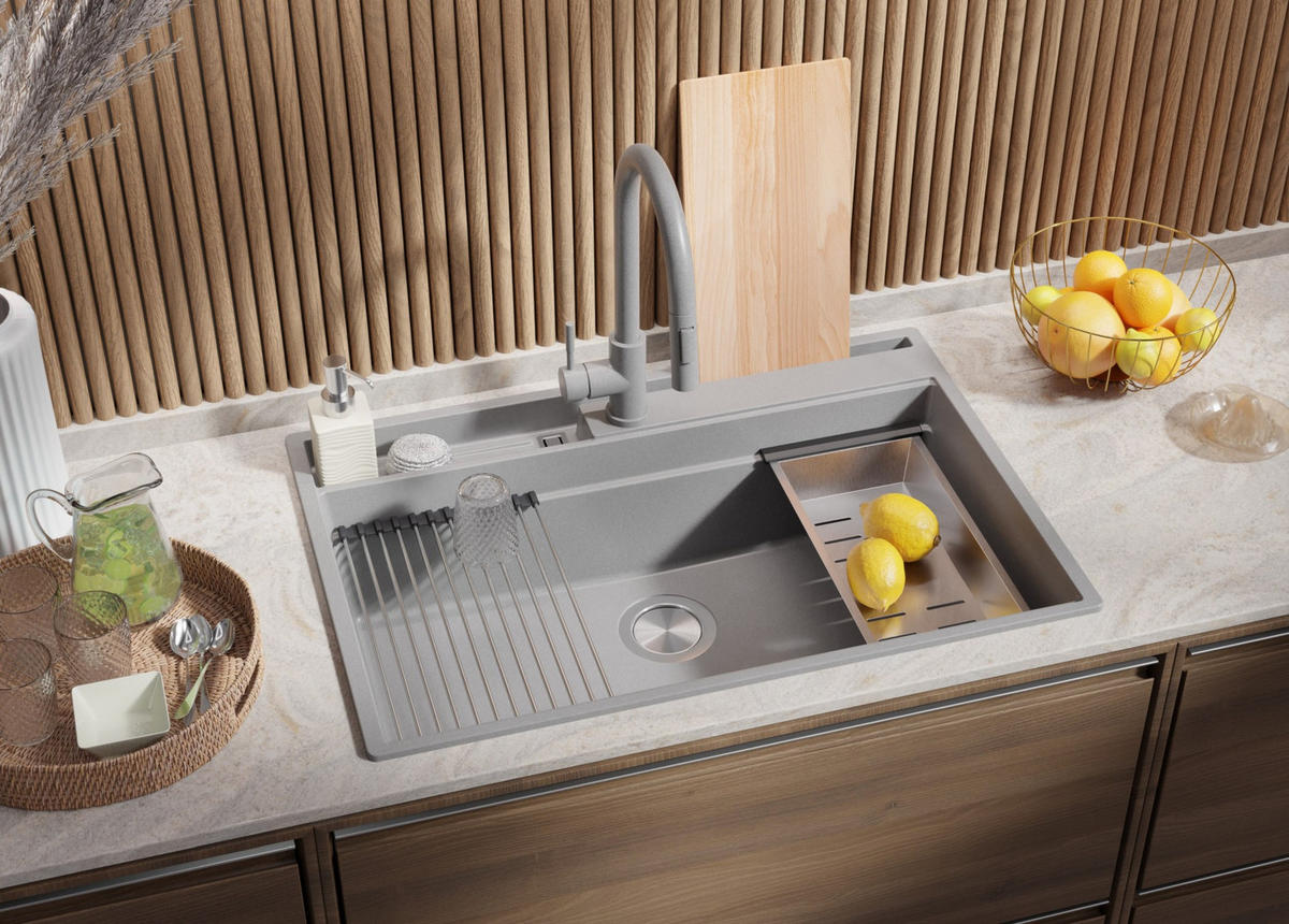 GRANITSPÜLE Oslo Pocket, 2-er set Grau 78/53 cm 1 Becken + Küchenarmatur 32/20 cm + Ablauf-Set + Küchenzubehörset ab 80er Unterschrank - Chromfarben/Beige, Kunststoff (78/20/53cm) - Primagran