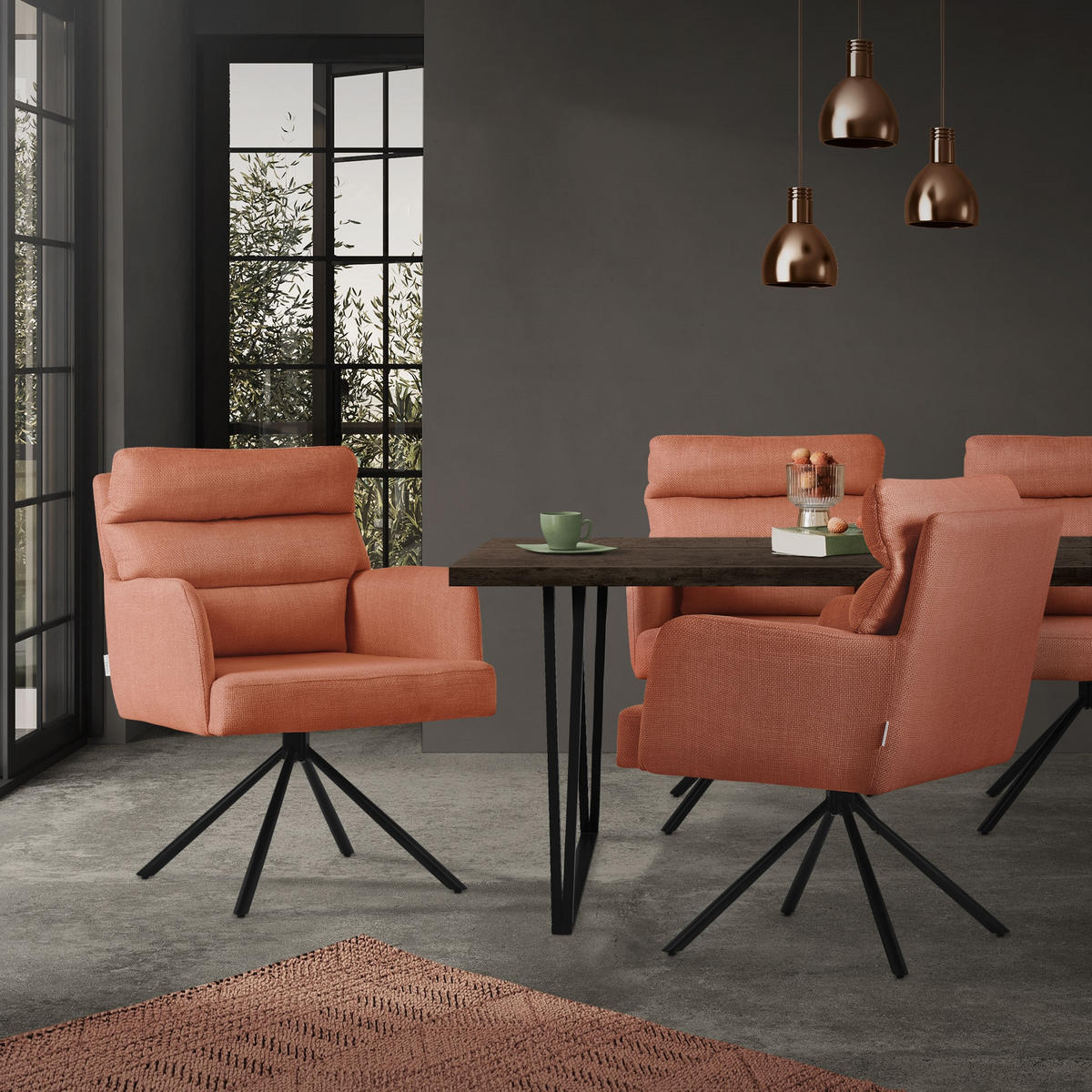 ESSZIMMERSTUHL 4er Set drehbar Orange Stoffbezug - Schwarz/Orange, Textil/Metall (64.5/93/64cm) - ML-DESIGN