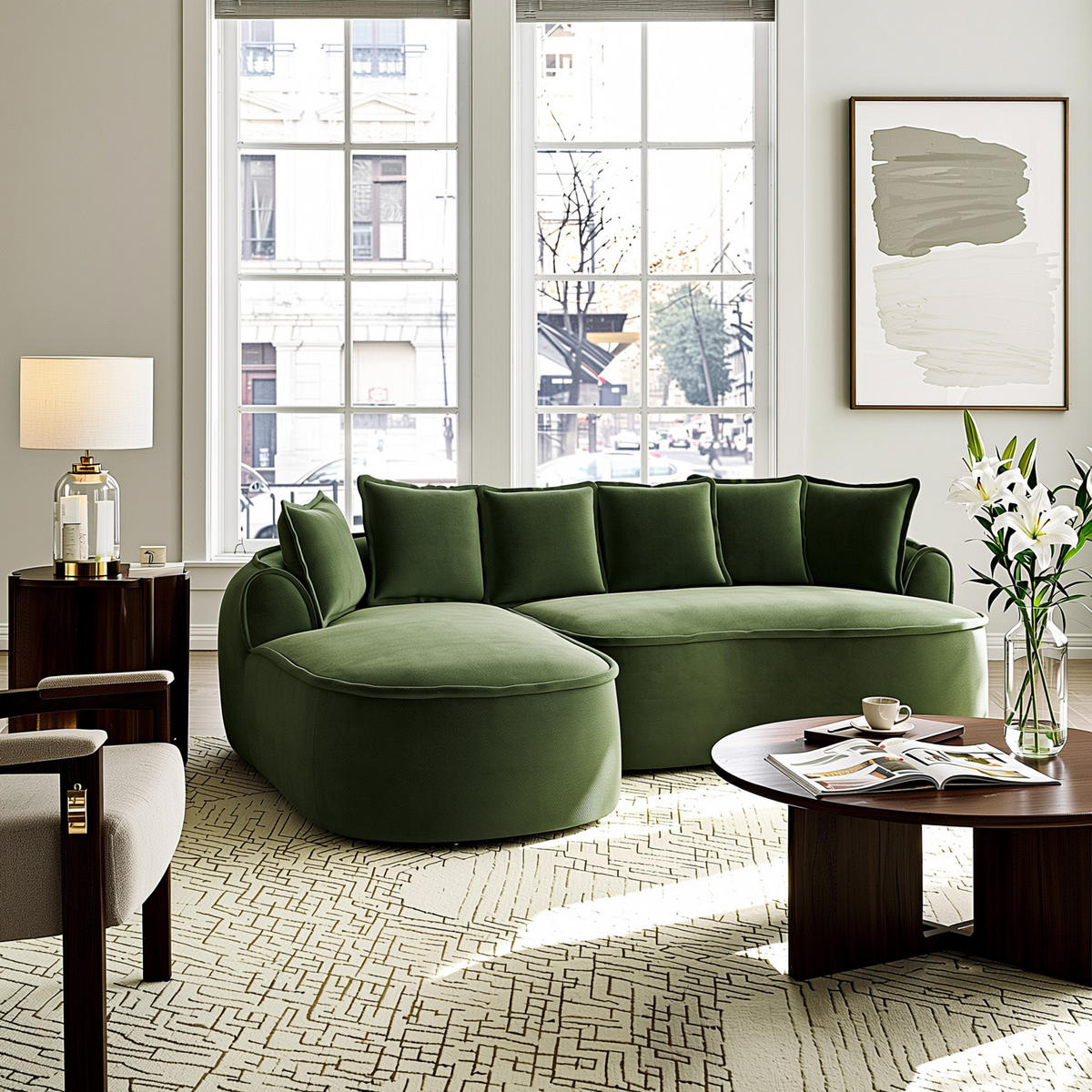 ECKSOFA chenille mit extra tiefer chaiselongue & rahmenlosem design - Grün, Textil (252/164cm) - Urban Meuble