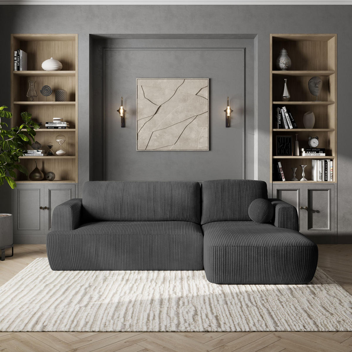 ECKSOFA SENTI P R-S Graphitfarben Kordstoff mit Schlaffunktion - Schwarz/Graphitfarben, Holz/Kunststoff (246/148cm) - MASSENO