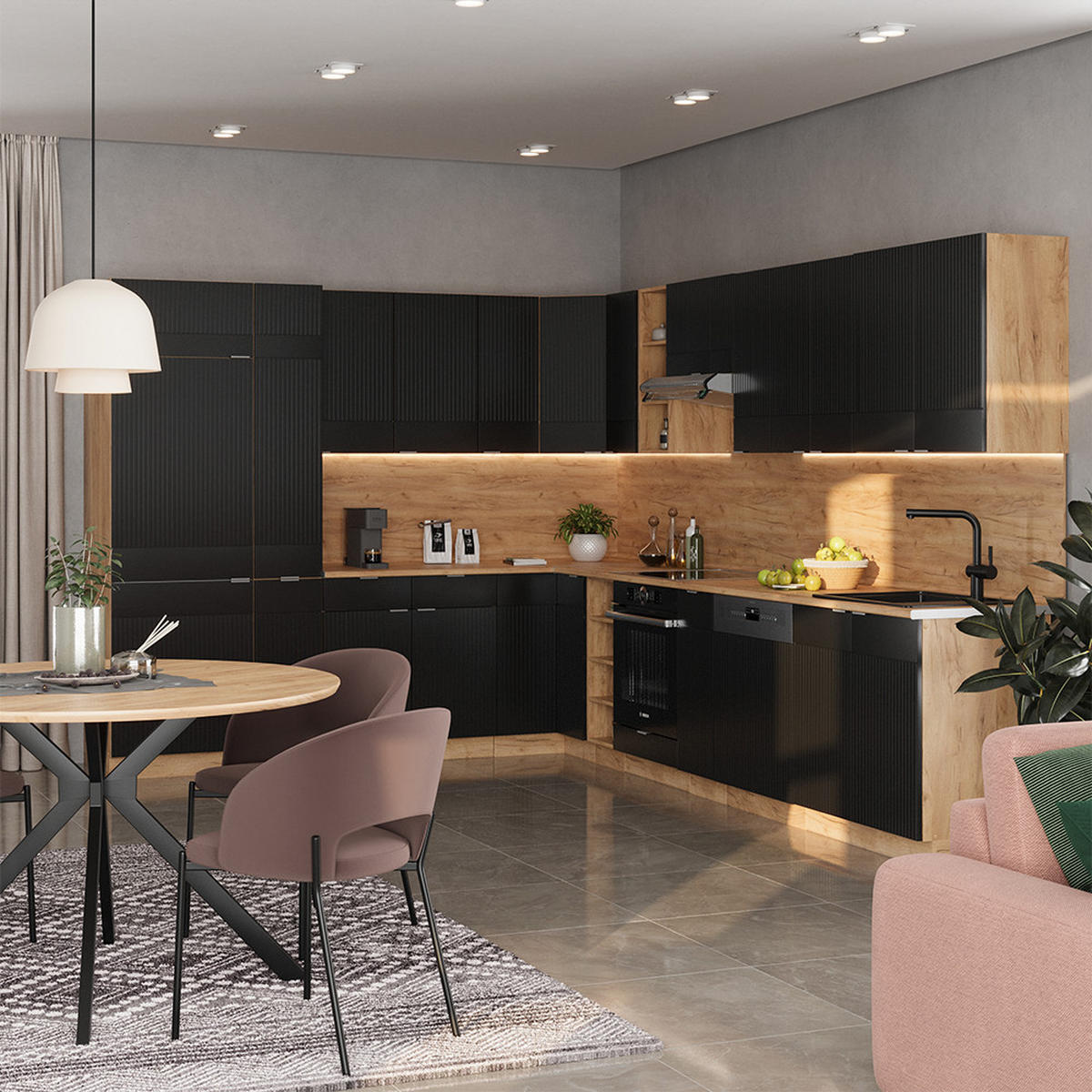 ECKKÜCHE Fame-Line, Schwarz gestreift/Goldkraft Eiche, 347 x 257 cm ohne Arbeitsplatte - Schwarz, Holzwerkstoff (347/81.6/46cm) - Vicco