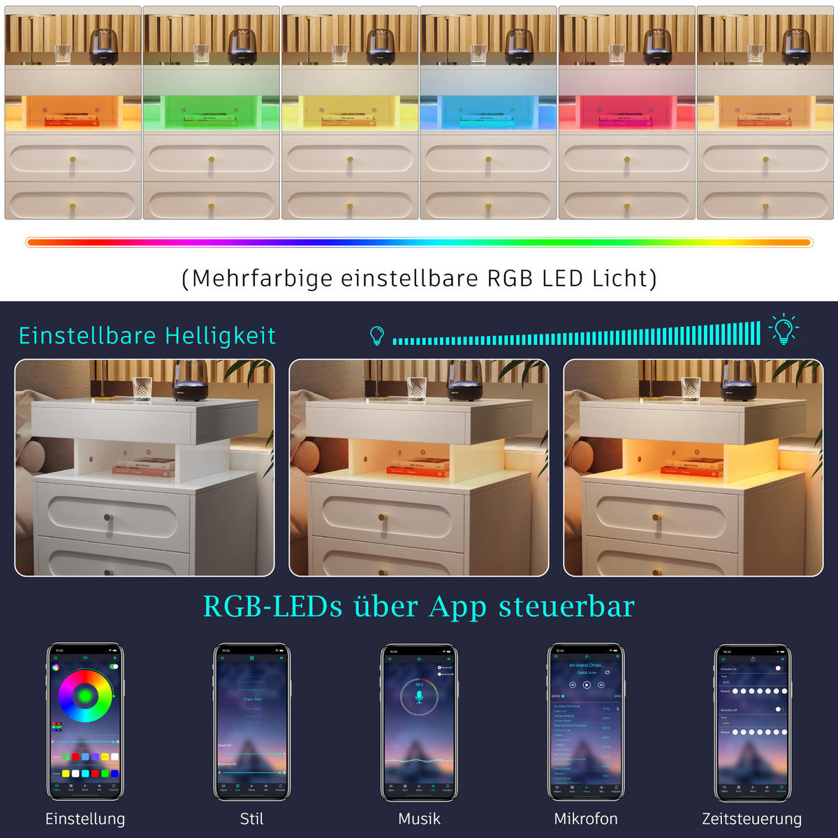 NACHTTISCH Weiß (50 cm) mit LED Beleuchtung, 2 Schubladen & offenem Fach - Weiß, Holzwerkstoff (50/60/40cm) - Urban Meuble