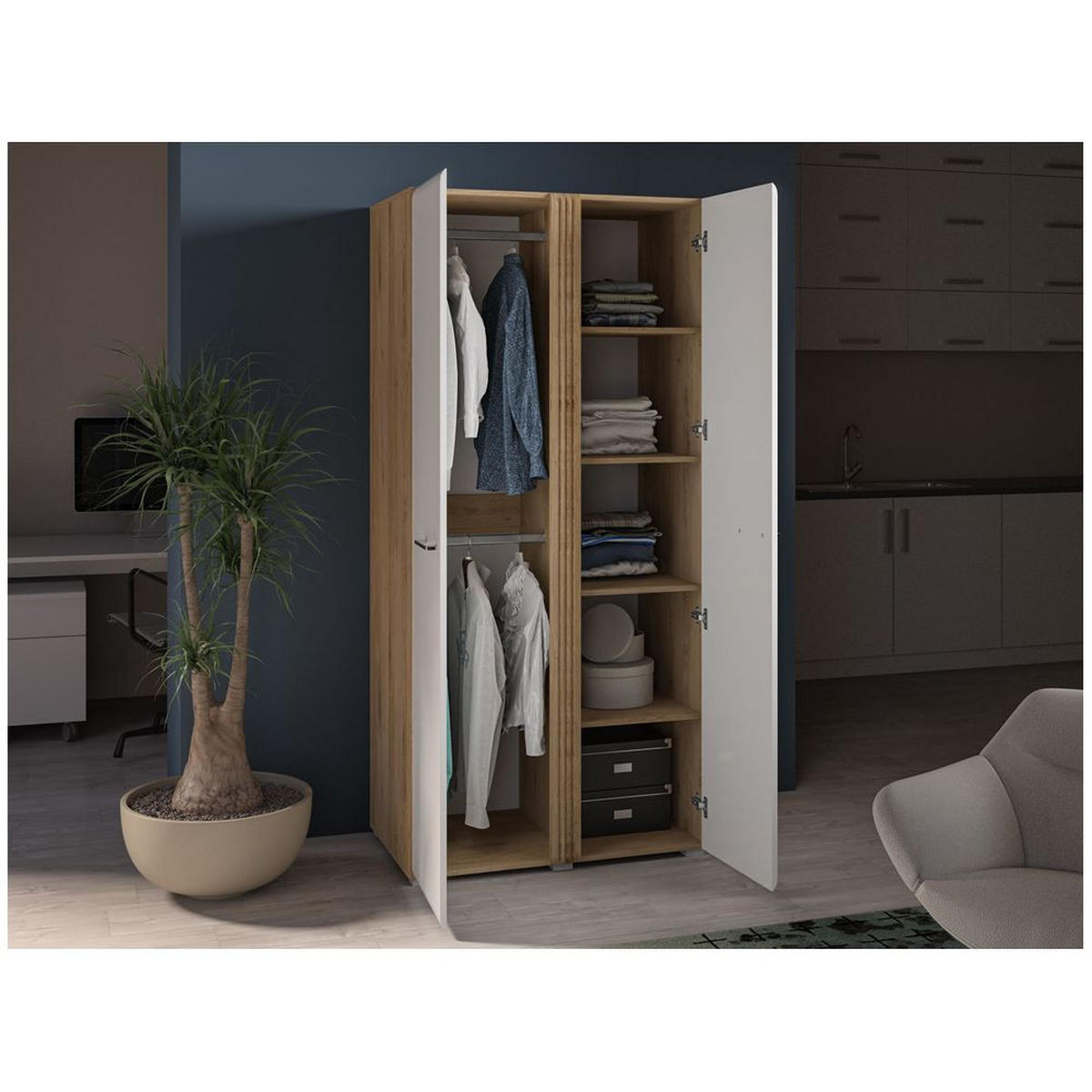 KLEIDERSCHRANK Akron-131 - Weiß, Holzwerkstoff (92/196/56cm) - Lomado