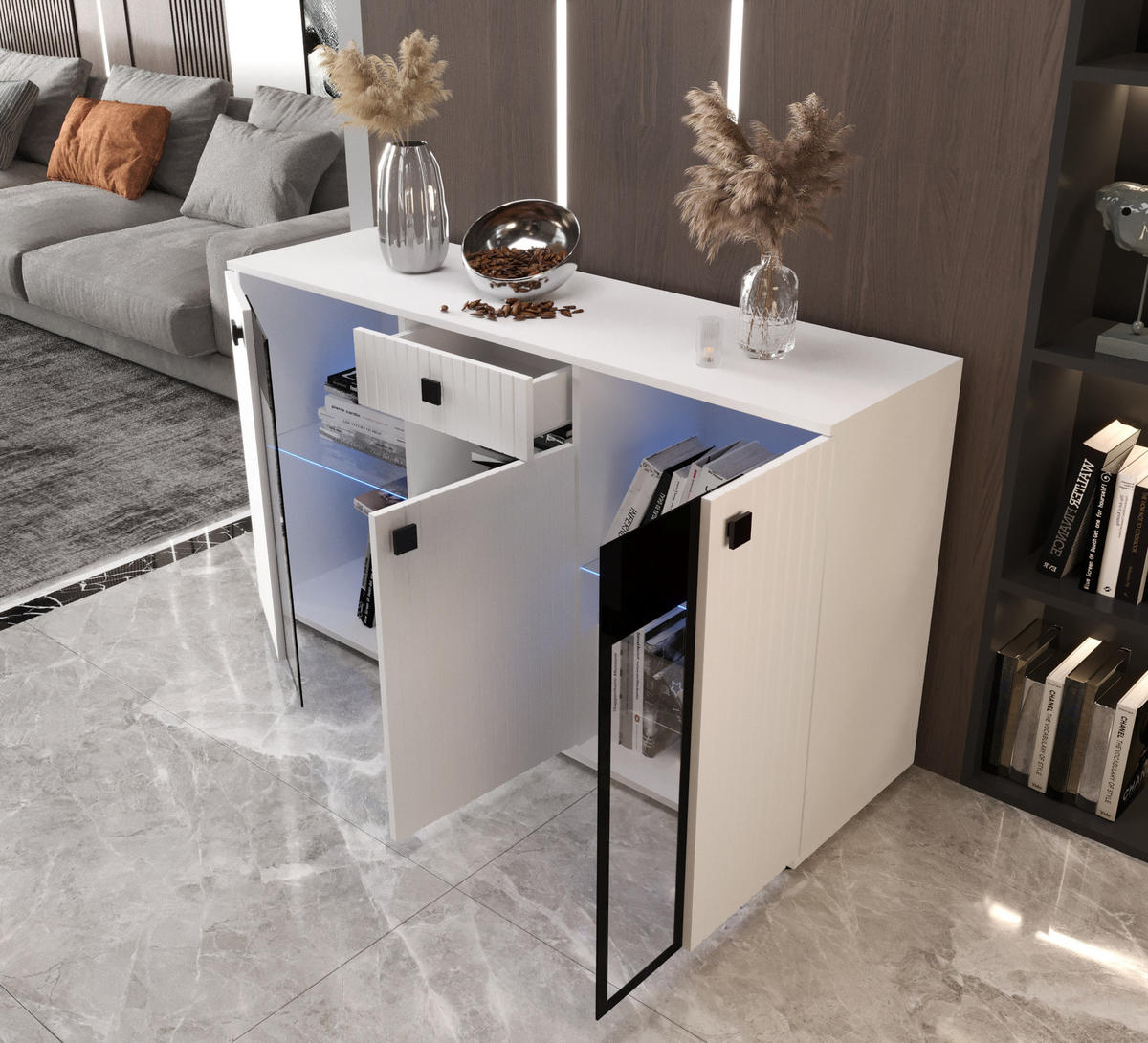 KOMMODE London LSMK LAMELE mit 3 Türen, Sideboard in Farbe: Weiß, Größe: 140 x 80 x 40 cm - Weiß, Holzwerkstoff (140/80/40cm) - O-Sofa