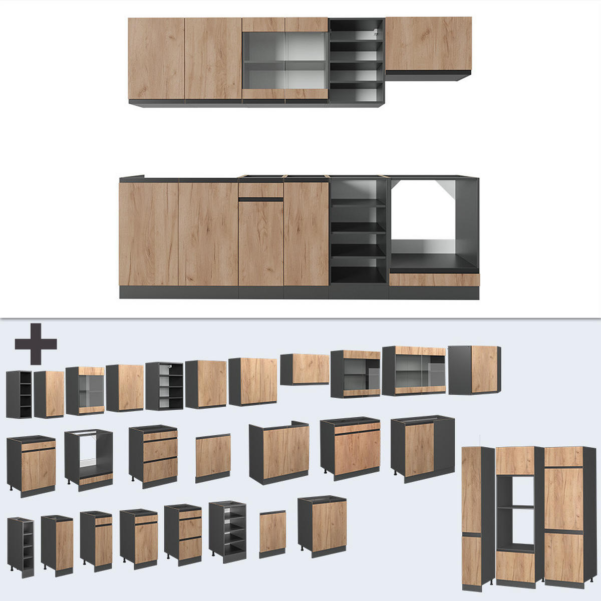 KÜCHENZEILE R-Line Goldkraft Eiche/Anthrazit 240 cm J-Shape - Anthrazit/Eiche Wotan, Holzwerkstoff (240/81.6/46cm) - Vicco