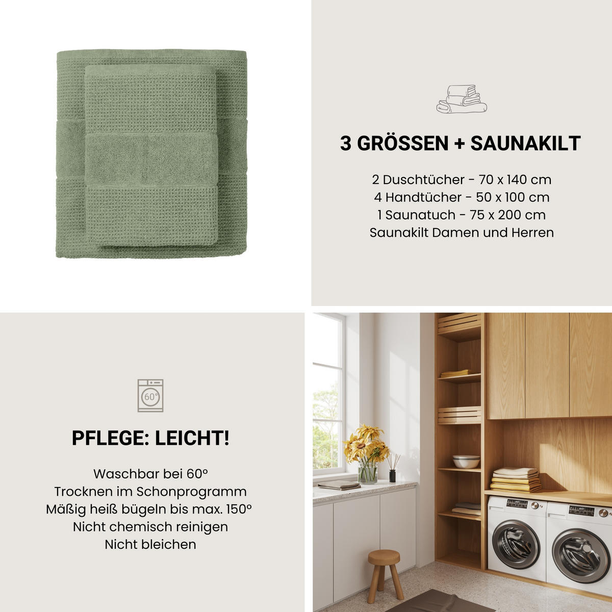 DUSCHTUCHSET Turin - 2-teilig - 70 x 140 cm - Grün - Grün, Textil (70/140cm) - SCHIESSER