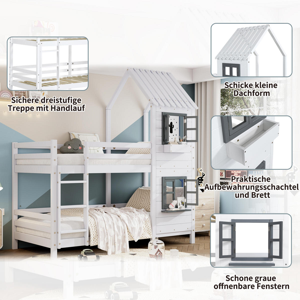 ETAGENBETT Hausbett mit Fenster und Leiter, Weiß, Kiefer/MDF, 90/200 cm - Weiß, Holz (90/200cm) - MIVRAY