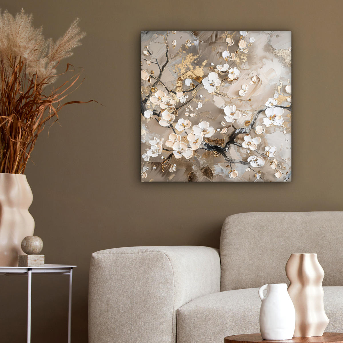 LEINWANDBILD - Blumen - Weiß - Gold - Beige - Luxus - 50x50 - Room Decor - Greige, Textil (50/50cm) - MuchoWow