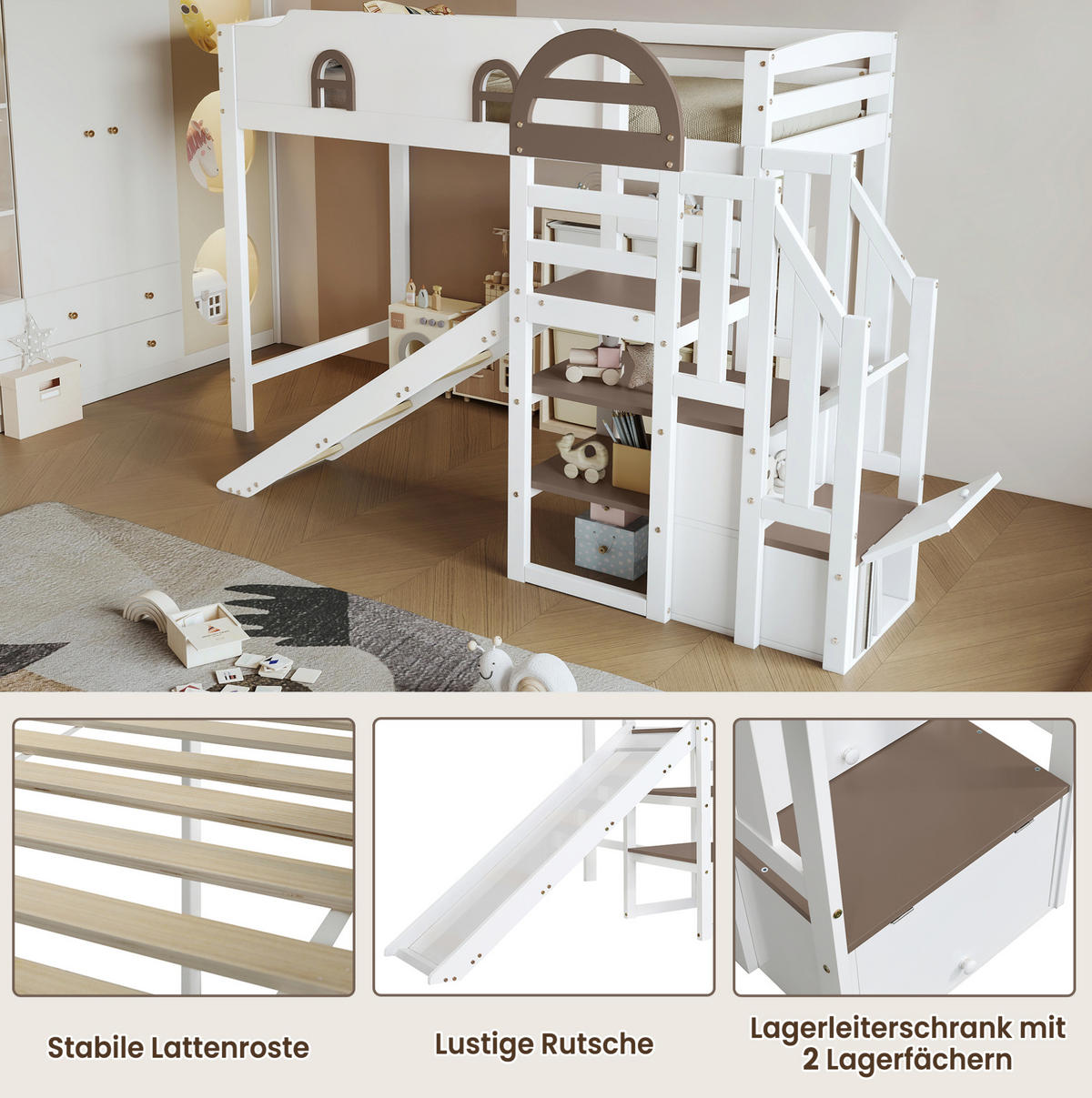 ETAGENBETT 90/200 cm in Weiß mit Rutsche, Stauraumtreppe und Fenstern - Weiß, Holzwerkstoff (90/200cm) - OKMYHOME