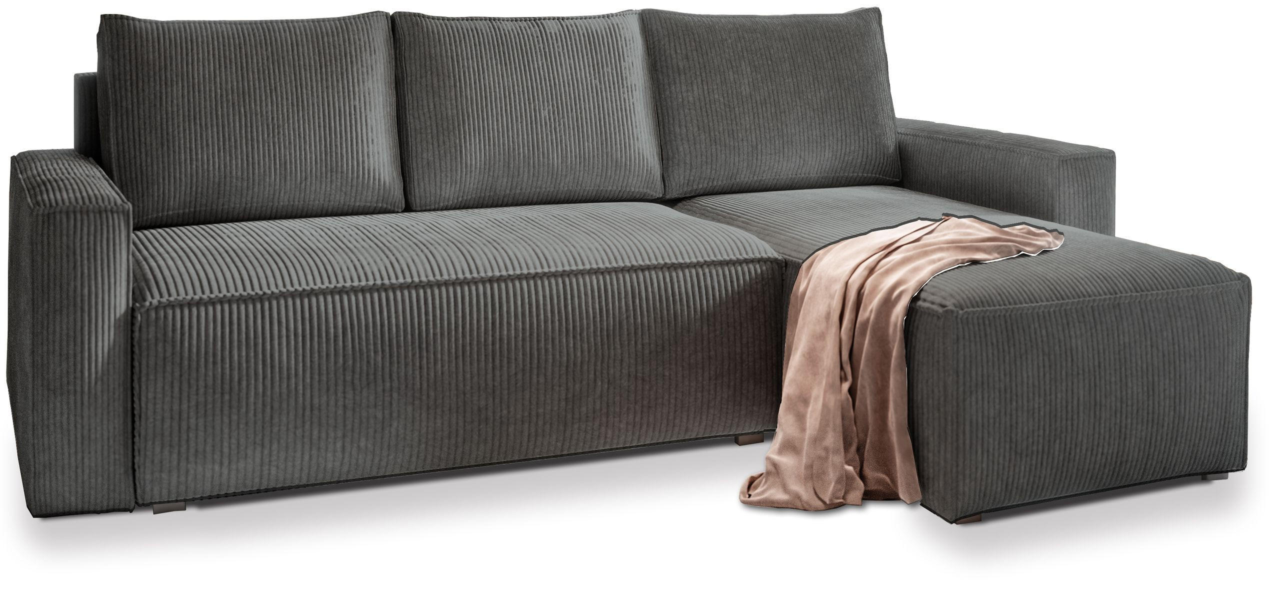ECKSOFA POTARO Grau Kordstoff mit Schlaffunktion - Grau, Holz (232/140cm) - MASSENO