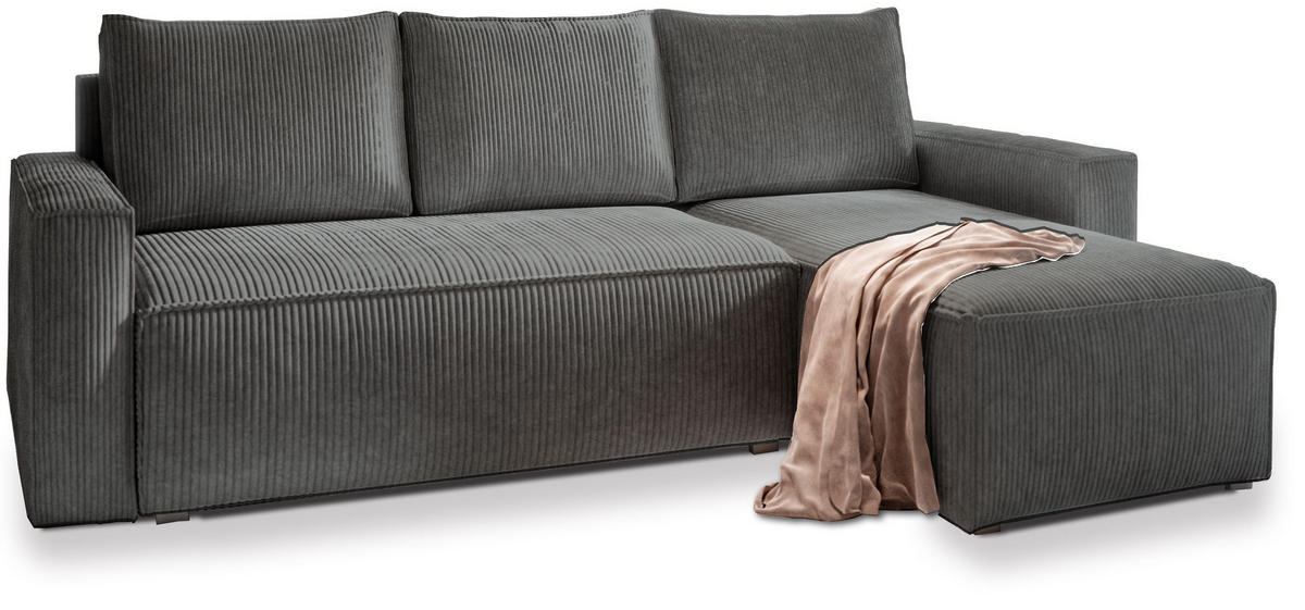 ECKSOFA POTARO Grau Kordstoff mit Schlaffunktion - Grau, Holz (232/140cm) - MASSENO