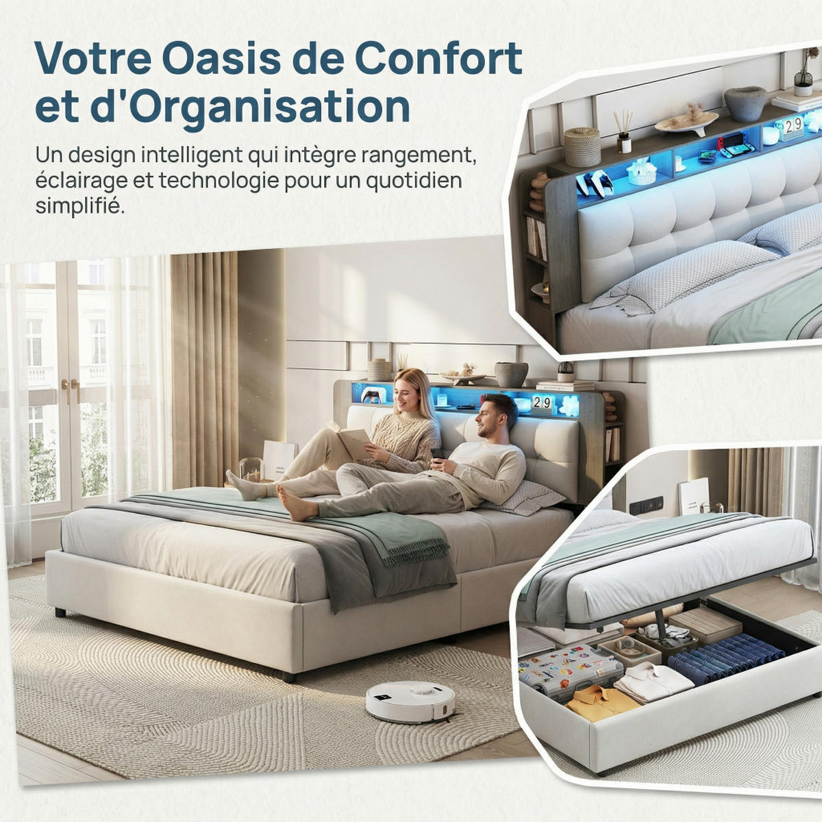 DOPPELBETT 140x200 cm Polsterbett mit LED Kopfteil-Ladestation und Ablage Stauraum - Beige, Holz (140/200cm) - PARAFTA HOME