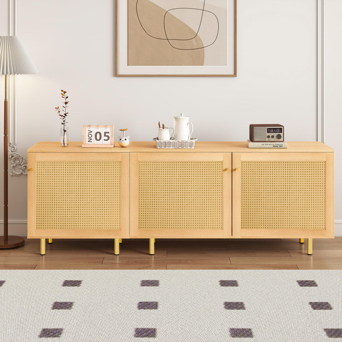 SIDEBOARD in Naturfarben Aufbewahrungsschrank aus Korbgeflecht für Wohnzimmer, B180/T40/H63cm - Goldfarben/Naturfarben, Holzwerkstoff/Metall (180/63/40cm) - STILVORA
