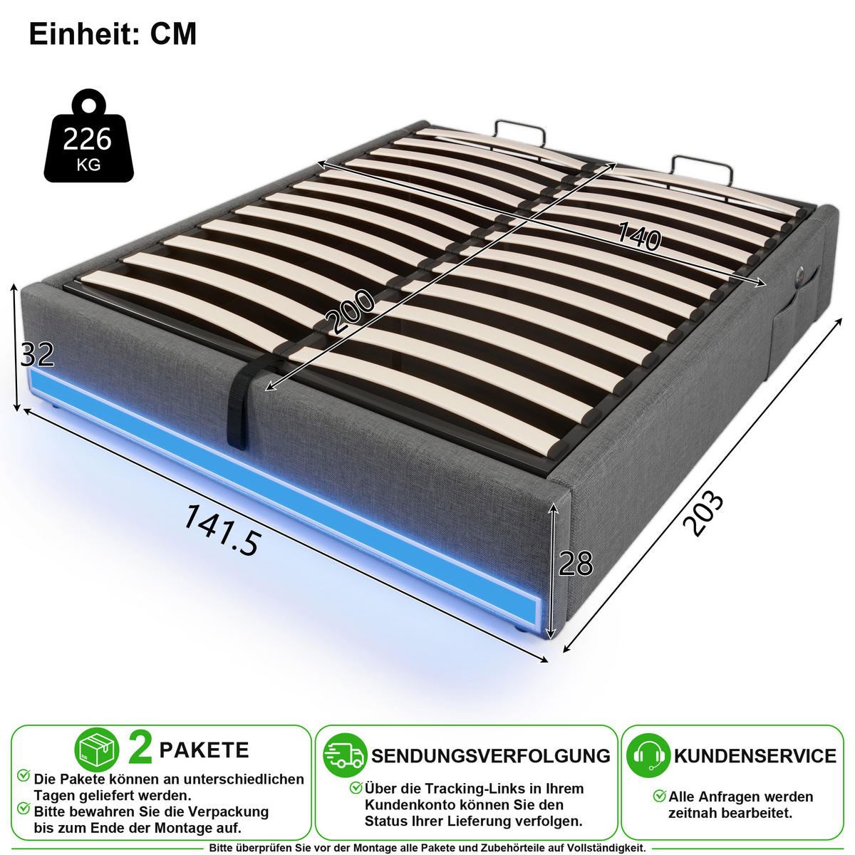 ČALOUNĚNÁ POSTEL 140/200 cm v šedé barvě s úložným prostorem, LED, USB a Type-C - šedá, kov/kompozitní dřevo (140/200cm) - CHICFURN