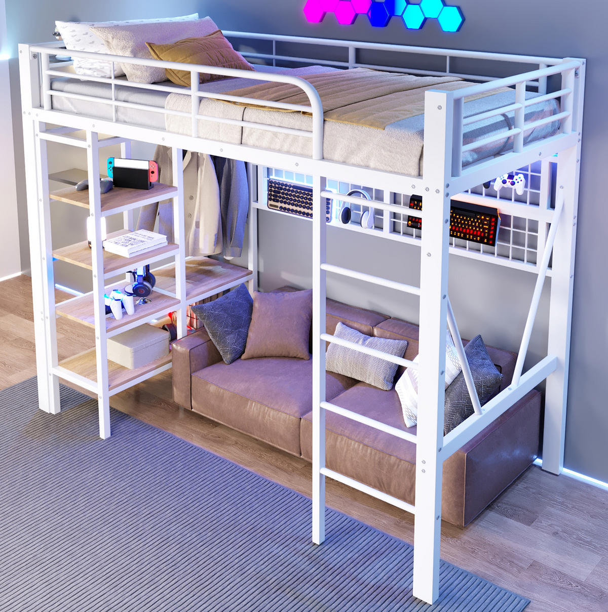 HOCHBETT aus Metall und MDF 90x200 cm Weiß mit Schreibtisch, Stauraumtreppe, LED-Leiste und USB-Anschlüssen - Weiß, Metall (90/200cm) - IVMEU