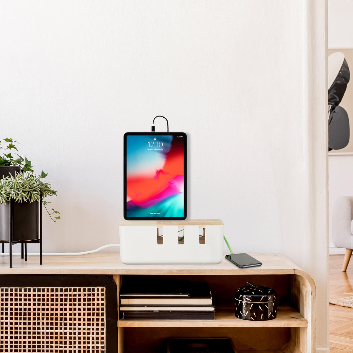 KÁBLA box - biela, drevo/plast (12.5/30/11.5cm) - Relaxdays