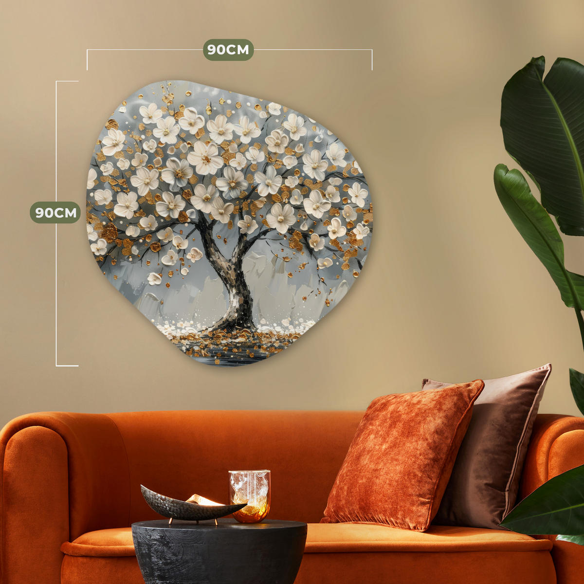 WANDBILD Baum - Gold - Blumen - Abstrakt - Kunst 90x90 cm - Goldfarben, Kunststoff (90/90cm) - MuchoWow