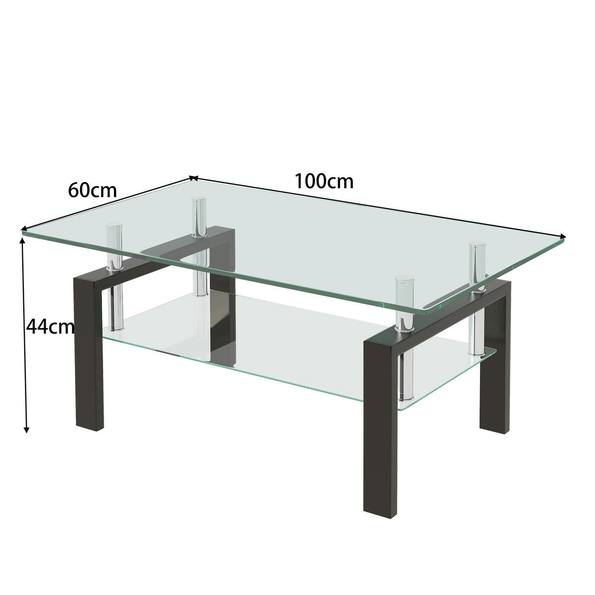 COUCHTISCH DE-37396 rechteckig mit zweistufigem Glas Schwarz - Schwarz, Metall (100/60/44cm) - ComfortXL