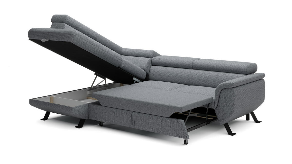ECKSOFA RAVEN L mit Schlaffunktion und Bettkasten, Freistehend, Polstersofa mit Verstellbaren Kopfstützen, 257x198x96 cm, Linke, Grau - Grau, Holz/Textil (198/256cm) - DomoHome