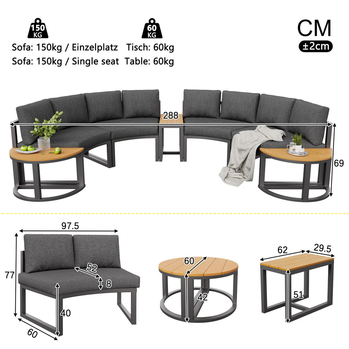 GARTENLOUNGE-SET Sitzgruppe für 4-6 Personen Gartensofa-Set mit Kissen verstellbar grau - Naturfarben/Grau, Holzwerkstoff/Textil - STILVORA