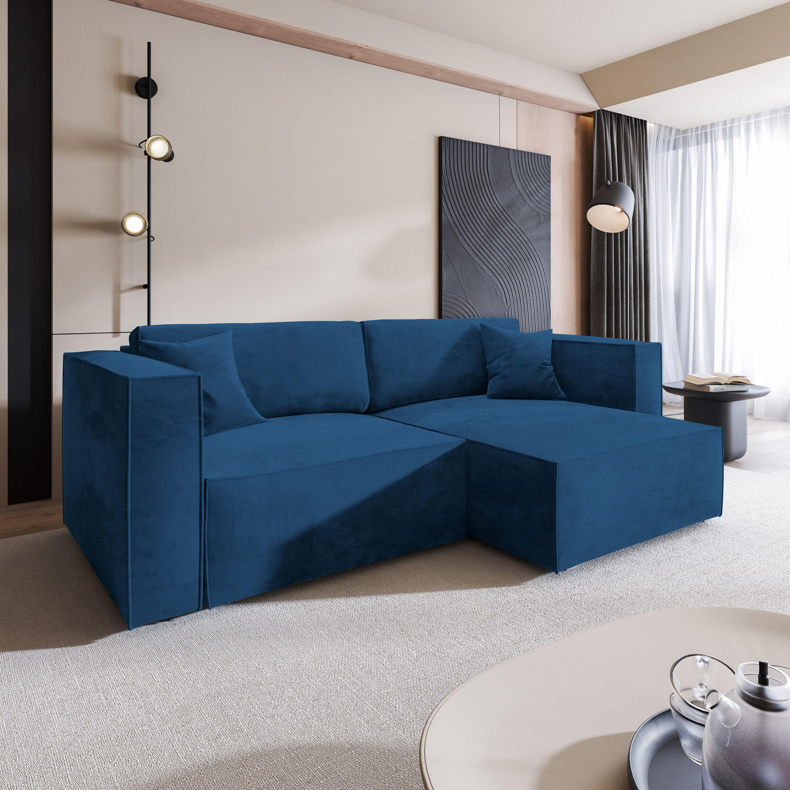ECKSOFA NERIO M Blau Velours-Stoff mit Schlaffunktion - Blau, Holz (245/148cm) - MASSENO