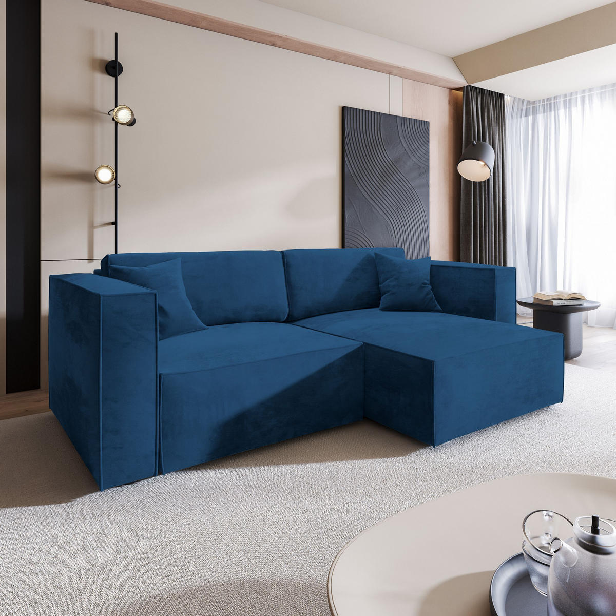ECKSOFA NERIO M Blau Velours-Stoff mit Schlaffunktion - Blau, Holz (245/148cm) - MASSENO