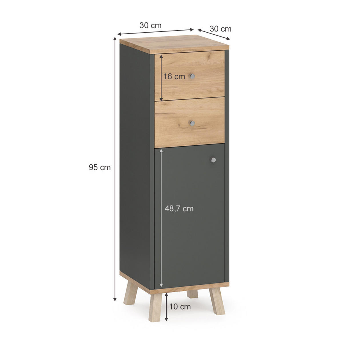 MIDISCHRANK Senyo Anthrazit 30 x 95 cm mit Schubladen - Anthrazit, Holzwerkstoff (30/95/30cm) - Vicco
