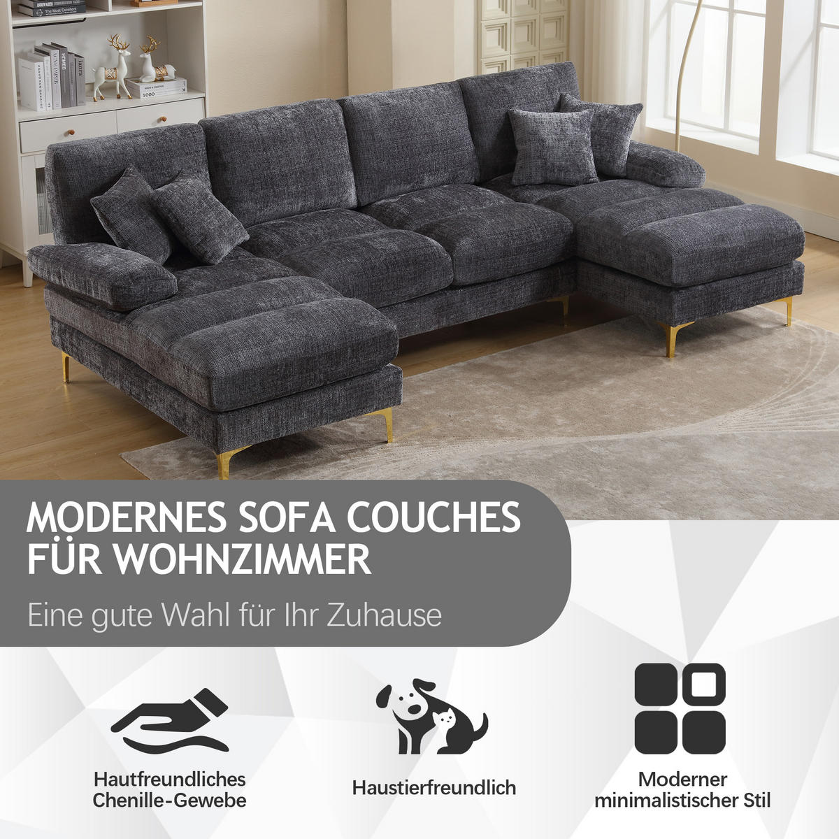 WOHNLANDSCHAFT Chenille Grau mit 2 Liegeflächen und Kissen - Grau, Holzwerkstoff/Textil (272/88/136cm) - WISHDOR