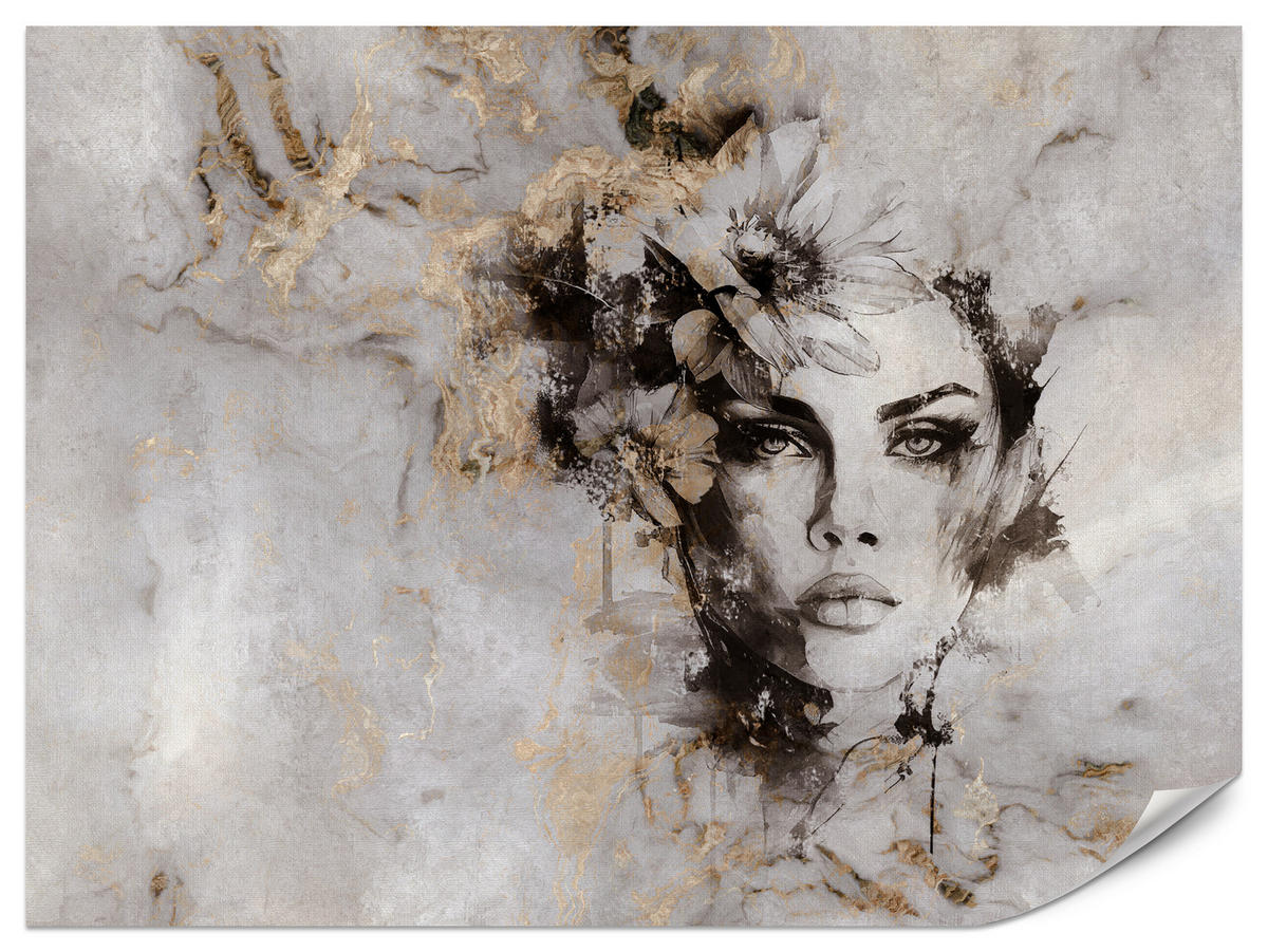 FOTOTAPETE für Wohnzimmer Frau Porträt Beton Blumen Modern 450x315 - Gelb/Beige, Papier (450/315cm) - Muralo