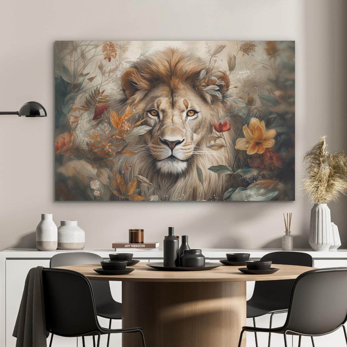 AKUSTIKBILD Löwe - Wildtiere - Pflanzen - Natur - Blumen Akustikpaneele 90x60 cm - Beige, Kunststoff (90/60/0.9cm) - MuchoWow
