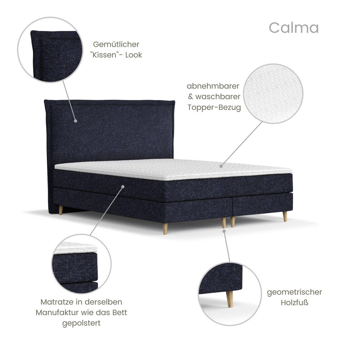 KONTINENTALBETT Calma Marineblau 200/200 cm mit Matratze und Topper - Naturfarben/Dunkelblau, Holz/Holzwerkstoff (200/200cm) - Maison de Reve