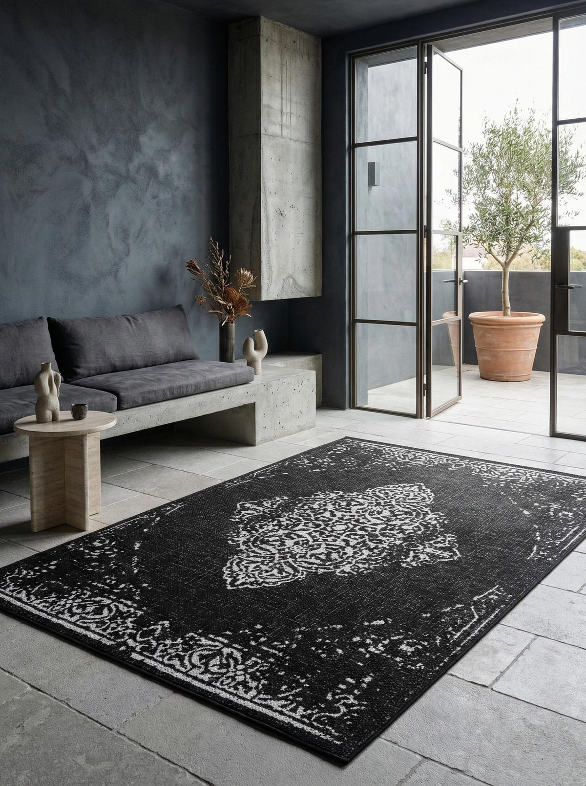 TEPPICH Outdoor Flachgewebe Vintage-Muster Polypropylen Balkon Schwarz Rechteckig 120x170 - Schwarz, Textil (120/170cm) - KADIMA DESIGN