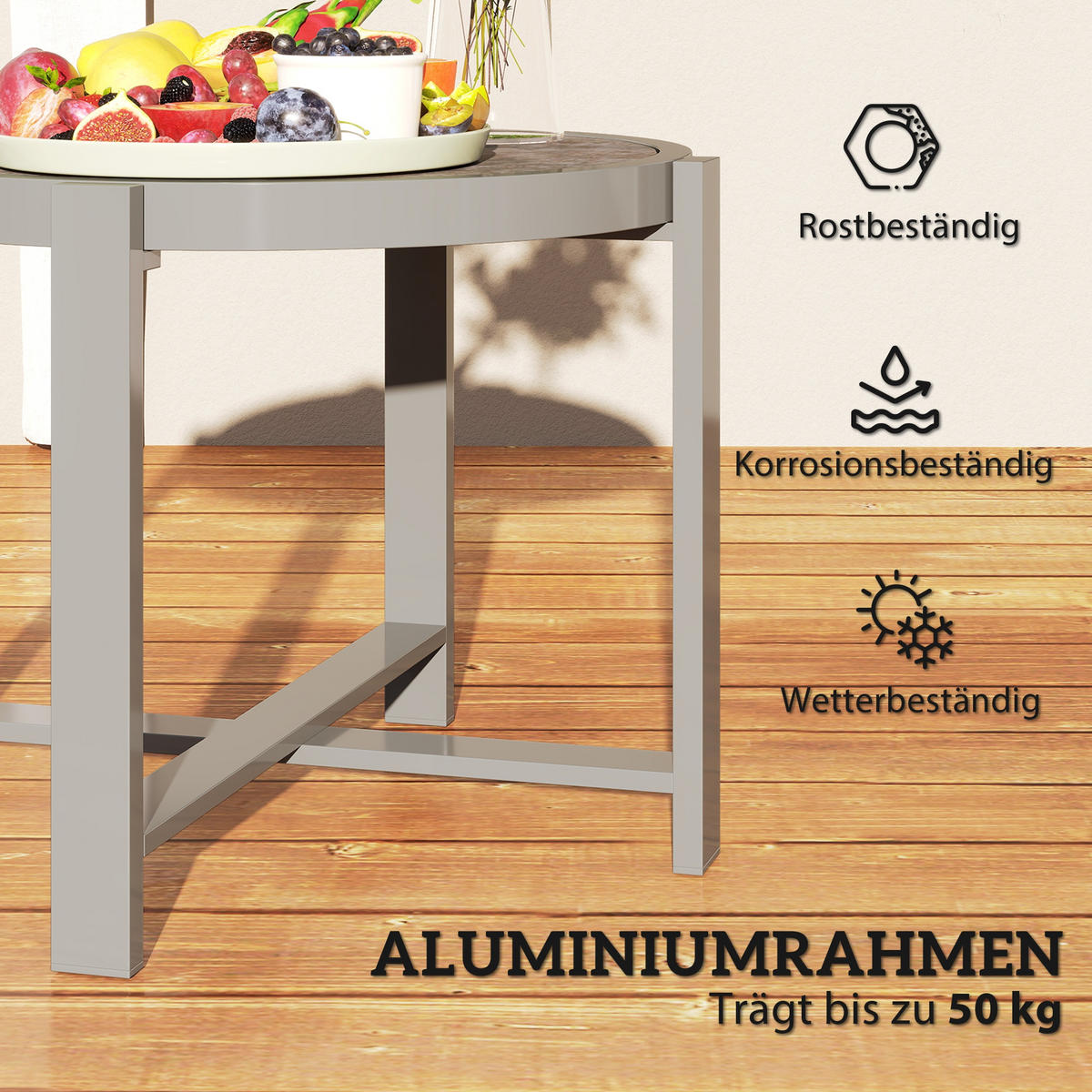 BEISTELLTISCH DE-07281 rund, wetterfest mit Marmoroptik Grau - Grau, Glas/Metall (60/60/46cm) - ComfortXL