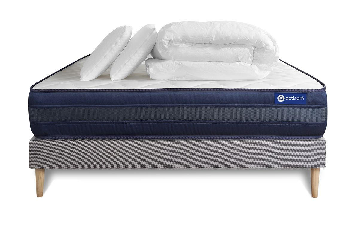 BETT Actimemo tech Memory-Schaum 140 x 190 cm h4 - Kit Bettgestell Grau - Mit Kissen und Bettdecke - Beige/Grau, Karton/Holz (140/190cm) - ACTISOM