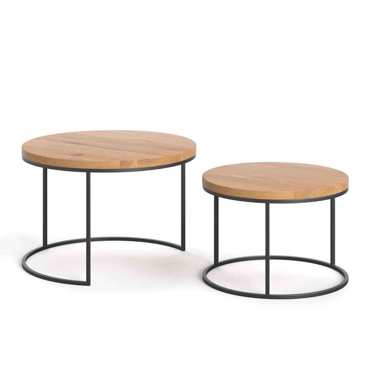 RUNDE Couchtische Mondo aus massivem Eichenholz - Eichefarben/Schwarz, Holz/Metall (70/70/47cm) - Danzz