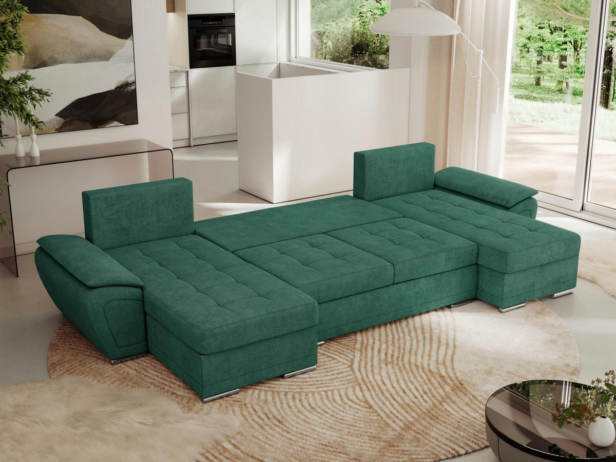 WOHNLANDSCHAFT UMBRIA U Grün Stukture - Grau/Grün, Textil/Metall (336/85/157cm) - MKS
