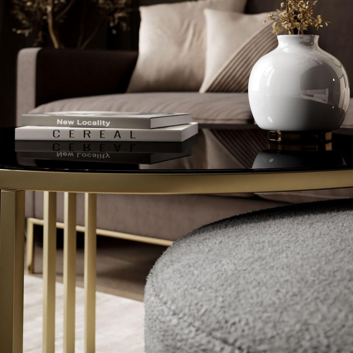 COUCHTISCH mit Hocker LORI GLASS gebürstetes Gold/schwarzes Glas/Perfect Harmony 82 - Schwarz, Metall (70/70/49cm) - Lookway