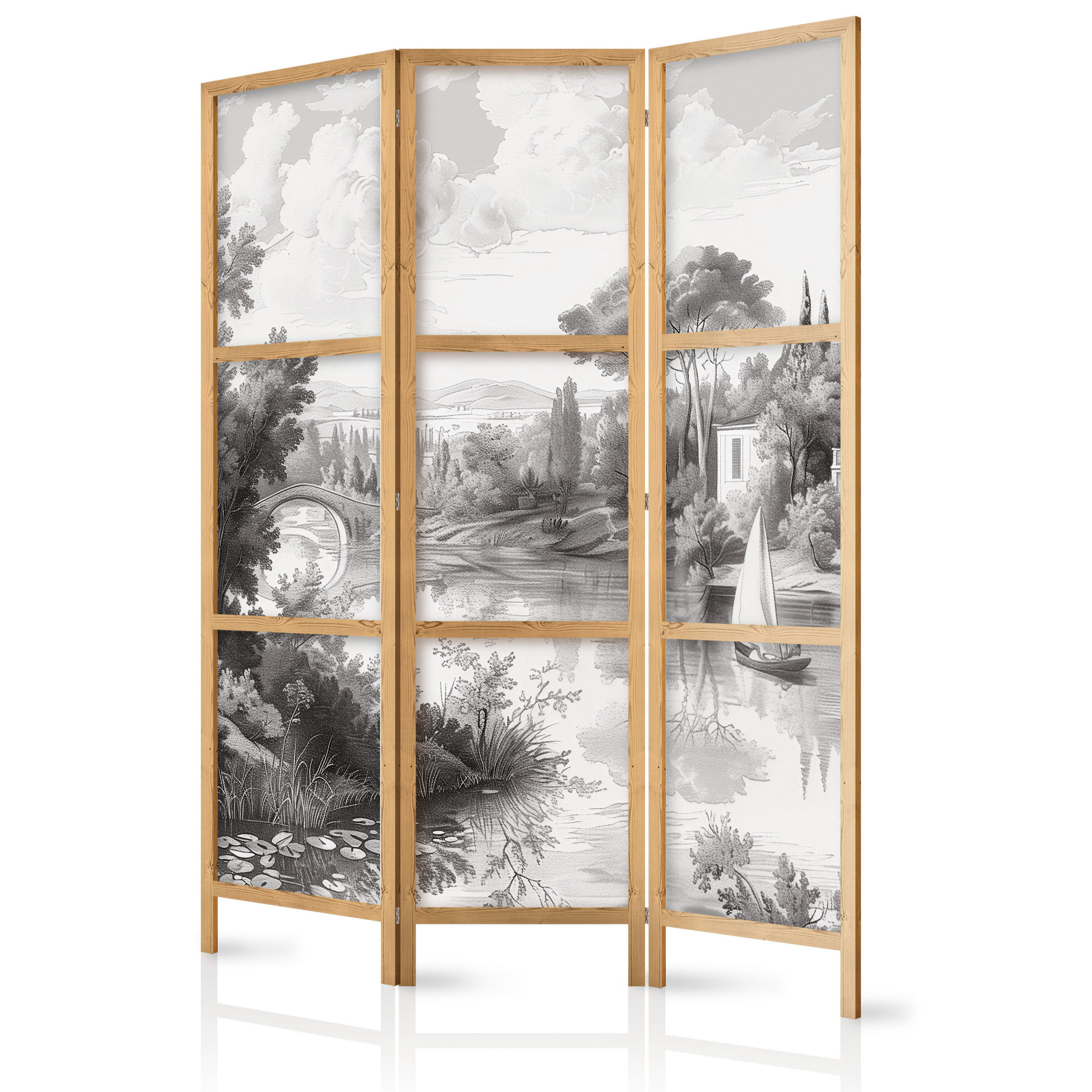 PARAVENT Japanischer 3-tlg 135x172 cm Schwarz-Wei e Landschaft - Grau, Holz/Textil (135/172/3cm) - Muralo